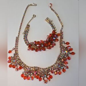 EVC REDDISH ORANGISH AB CRYSTAL GOLD TONE NECKLACE & BRACELET SET